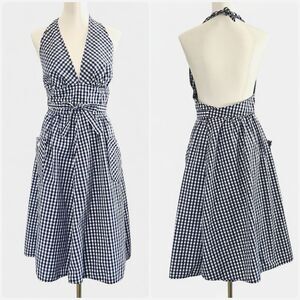 Vintage JH Collectibles Blue White Gingham Halter  Apron Womens L Cottagecore